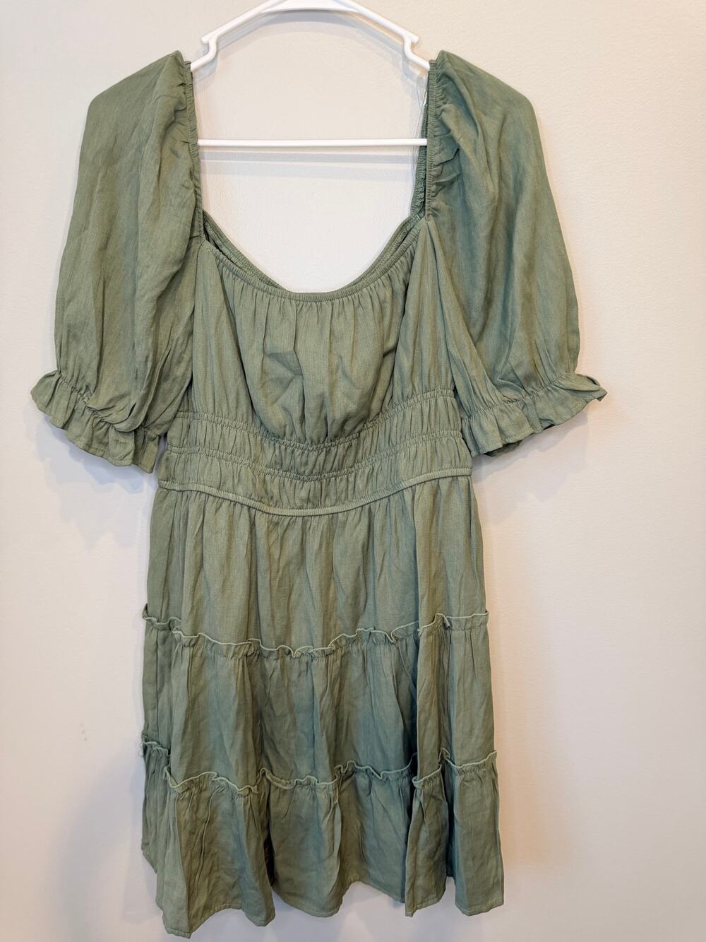 Trixxi Sage Green Puff Sleeve Tiered Mini Dress Smocked Waist Large